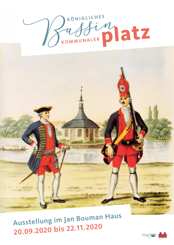 Plakat für die Ausstellung zeigt altes Bild vom Bassin mit Gloriette und zwei Grenadieren