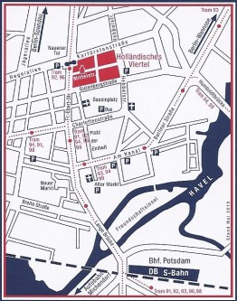 Schematischer Stadtplan von Potsdam mit dem holländischen Viertel, Haltestellen der Straßenbahn und Parkmöglichkeiten